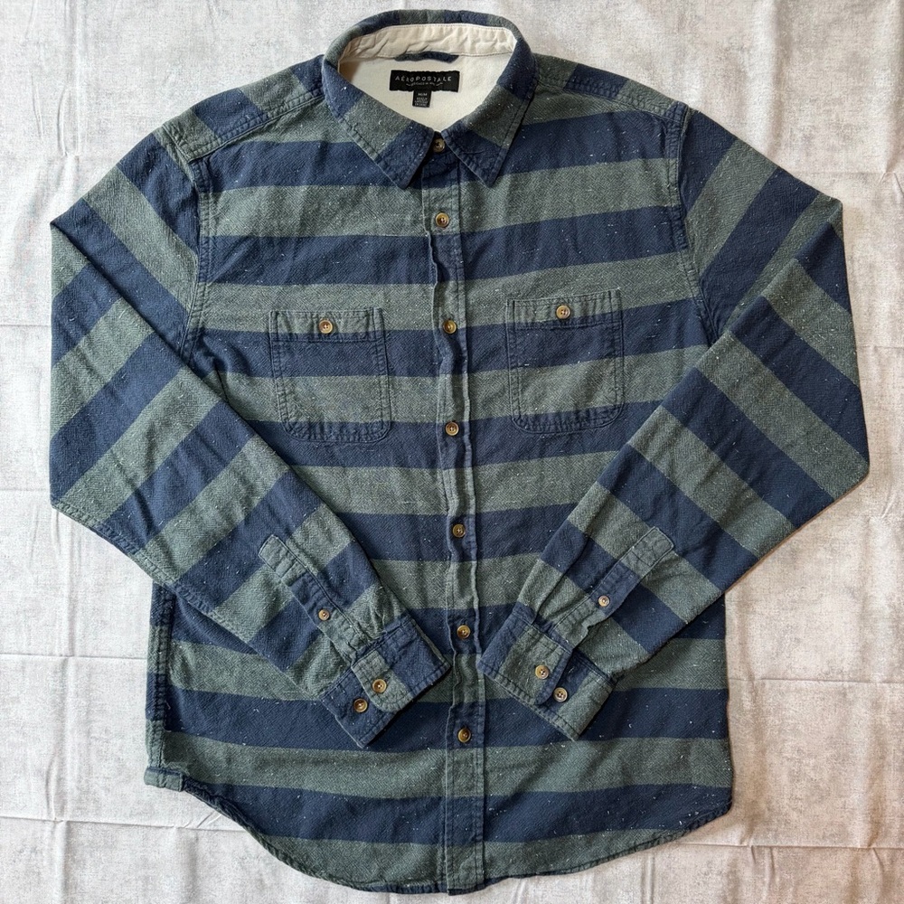 Aeropostale Men’s Medium Navy Blue Olive Green Speckled Striped Button Up Shirt